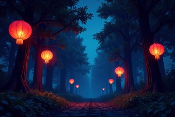 Fototapeta premium Colorful lanterns suspended from trees in a tranquil forest under a night sky, trees, tranquility, forest