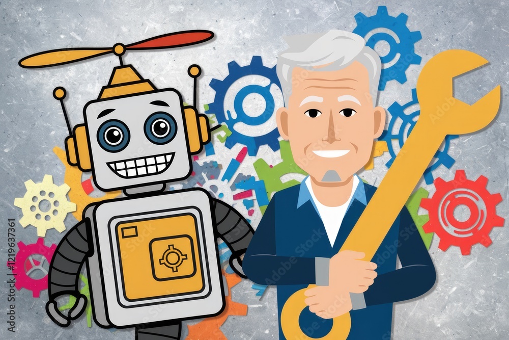Poster friendly robot and a man with a wrench, symbolizing human-robot collaboration in technological advan