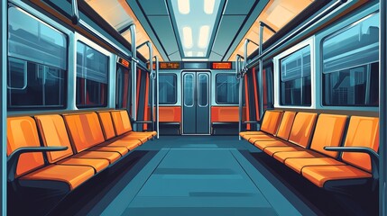 A semi-flat vector depiction of a subway interior with rows of empty seats, handrails, and a clean, modern aesthetic, suitable for commercial projects
