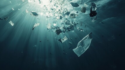 Naklejka premium Ocean Pollution Plastic Waste Underwater Sunlight Rays Environmental Disaster Dark Teal Sea Debris Pollution Threatening Marine Life Aquatic Ecosystem 