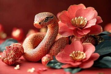 Fototapeta premium A snake wrapped around flowers on a vibrant red surface
