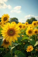 Fototapeta premium Golden sunflowers in full bloom, vibrant field , stems, green, day