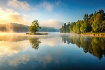 Obraz premium Gentle morning fog rolling in over a peaceful lake, serene lake scene, blurred edges, soft focus, cloudy sky, misty morning