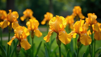 Fototapeta premium Garden full of brown and yellow multicolor flowers of irises, blooms, nature
