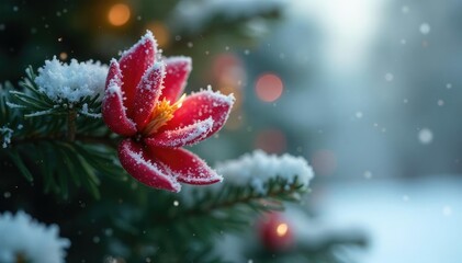 Frosty petals unfold around the Christmas tree, tree, snowflakes, evergreen