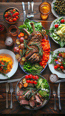 Delightful Spread of Classic New Zealand Cuisine: Roast Lamb and Veggie Sides