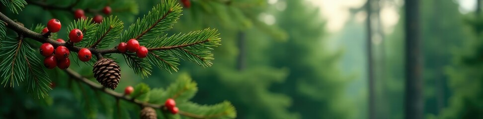 evergreen branches with red berries and pinecones, evergreen trees, forest scenery, red berries