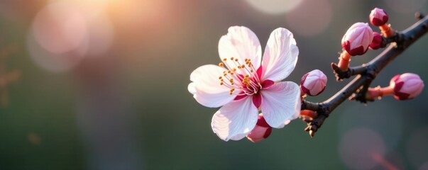 Delicate pinkish-white blossoms unfurl from slender twig, blossom, twig, floral