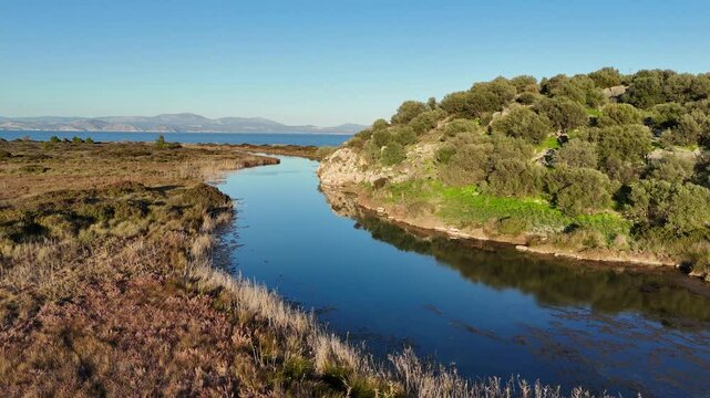 Aerial view of nature protection Area of Moustos wetland is a nature reserve in Arcadia, Peloponnese. It is situated nearby to the village Kato Koutroufa, as well as near the hamlet Agia Anastasia.
