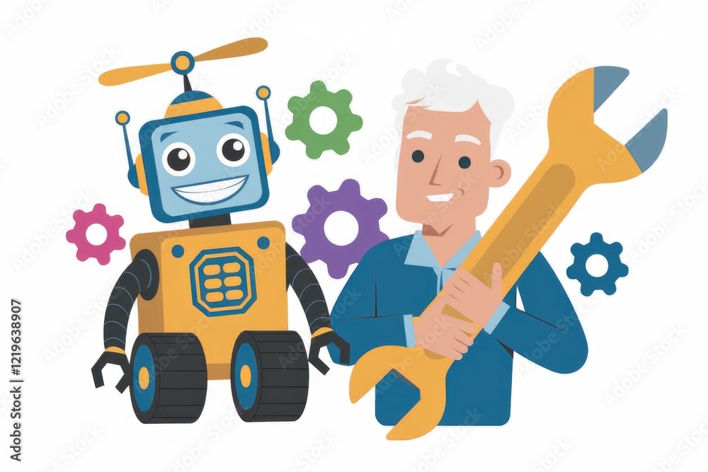 Poster An older man and a friendly robot collaborate on a mechanical project, symbolizing teamwork and innovation.
