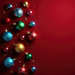 Colorful Christmas balls scattered on a dark red background, decorative ornaments, holiday cheer, holiday season