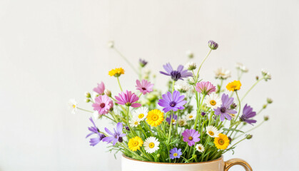 Colorful wildflowers in a cup against a plain background