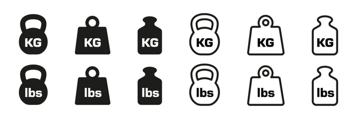 Weight icon. Weight mass vector set. Dumbbell isolated sign. Kg mass icon. Lb pound sign. Isolated weight set. Line design