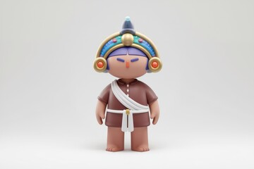 3D render of a stylized cartoon character wearing a unique headpiece and traditional attire.