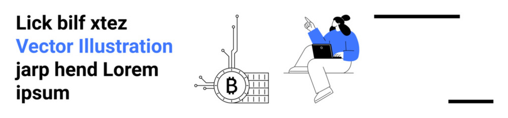 Fototapeta premium Person with a laptop working remotely, connecting with Bitcoin mining graphics. Ideal for fintech, cryptocurrency, remote work, tech blogs, financial websites, online investment, virtual jobs