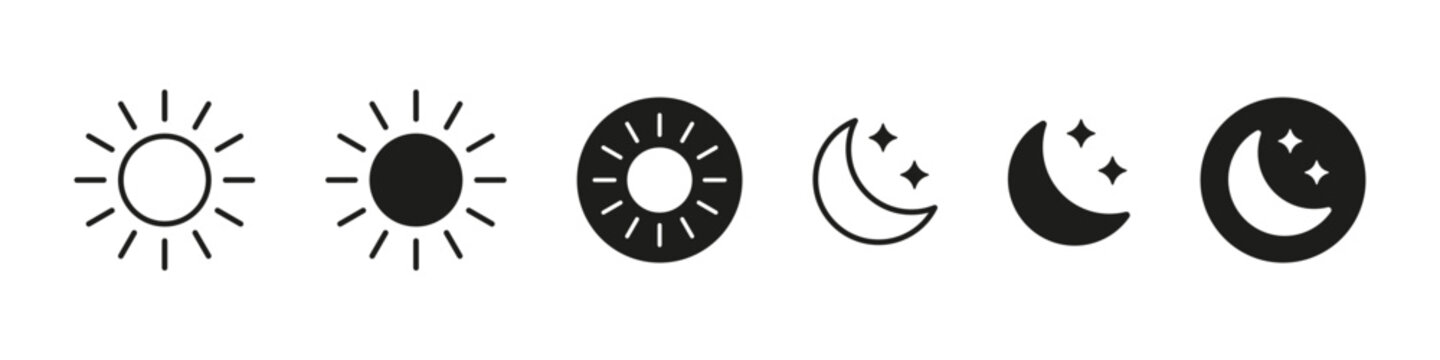 Day night mode. Sun moon icon set. Light dark user theme. Sun day sign. Moon night symbol.