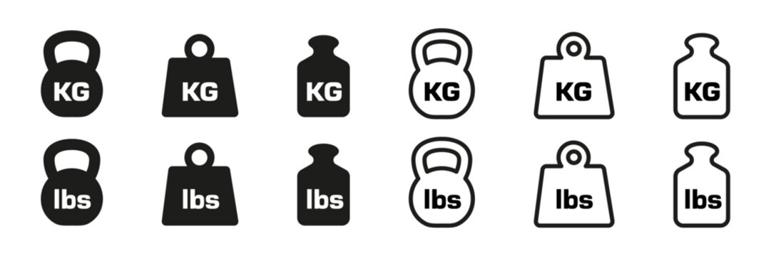Weight icon. Weight mass vector set. Dumbbell isolated sign. Kg mass icon. Lb pound sign. Isolated weight set. Line design