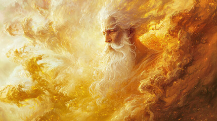 Obraz premium Ethereal depiction of divine male figure with flowing white hair and beard, immersed in a golden swirling cloudscape. Concept of divinity, mythology, celestial beings, cosmic power. God. Oil Painting