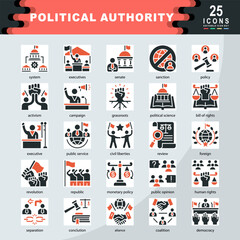 Obraz premium Political Authority icon set containing system, executives, senate, sanction, policy, activism, campaign, political science, civil liberties, monetary policy icon. Simple color fill vector