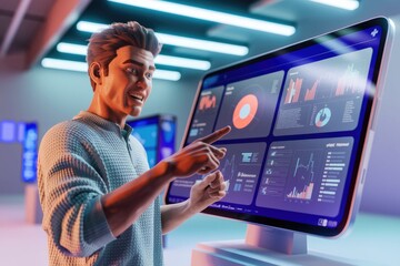 A 3D animated man interacts with a large screen displaying various data charts and graphs, showcasing data analysis and visualization.
