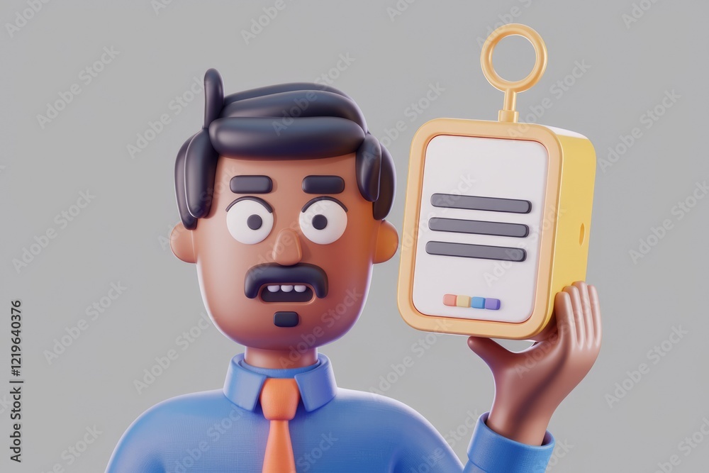Poster A 3D cartoon man with a surprised expression holds up a digital notepad.