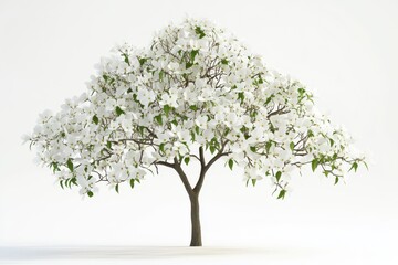 Fototapeta premium Blooming white magnolia tree isolated on white background, spring flowering tree with lush white blossoms, elegant floral botanical element for landscape design
