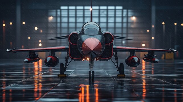 Jet in hangar, rain.