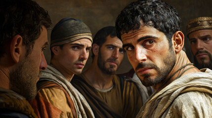 Joseph surrounded by his brothers with intense expressions, capturing biblical episode of Joseph being sold into slavery from the Book of Genesis. Betrayal, jealousy, family conflict, divine destiny