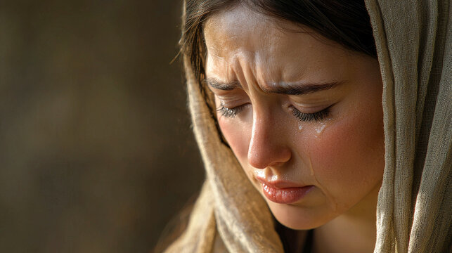 Close-up of Mary's tearful face, filled with sorrow and deep emotion, captured in a poignant biblical moment. Concept of grief, compassion, faith, and sacred humanity