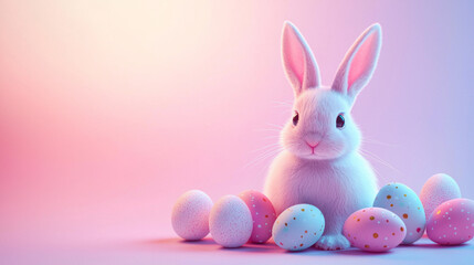 Obraz premium Adorable White Bunny with Easter Eggs on Pastel Background Concept of Spring Celebration Cute Animals Easter Decor Copy Space. Easter. Copy space