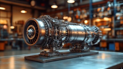 A highly detailed, 3D-rendered image of a rocket engine,