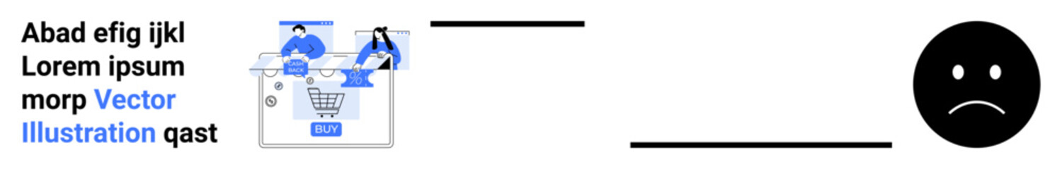 Split screen showing a user interface with text and a vector illustration on the left, and a sad face icon on the right. Ideal for user experience, interface design, online shopping, mood, feedback