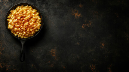 Serving of Mac and Cheese in a Cast Iron Skillet Positioned on the Lower-Left Corner of a Dark Textured Background with Empty Top-Right Area for Text, copy space