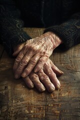 Intimate Portrait of Elderly Hands Resting on Rustic Table in Warm Lighting