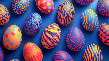 Pop Art Illustration of Vibrant Patterned Easter Eggs on Blue Background Concept of Easter...