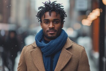 Fototapeta premium Man wears cozy oversized blue scarf in urban setting during chilly winter day
