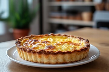 Savory cheese tart served on a white plate in a cozy cafe