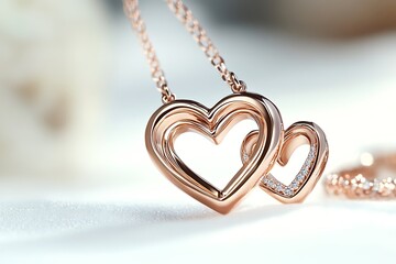 A rose gold heart-shaped jewelry set presented on a white background, ideal for a luxurious and romantic Valentinea??s Day gift in high resolution.