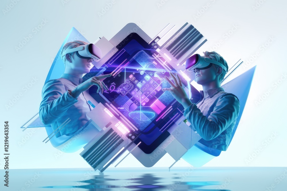 Poster two individuals wearing vr headsets interact with a futuristic holographic interface, exploring a di