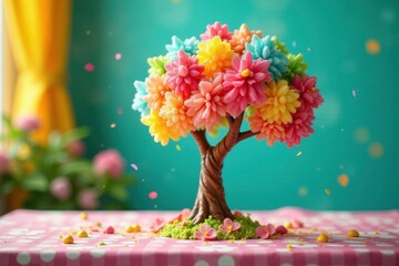 Colorful lollipop tree on a bright tablecloth, dessert, trees, fun