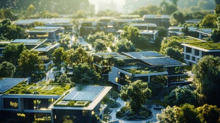 An aerial view of a united community with solar panels and green roofs featuring interactive holographic elements that demonstrate sustainability intertwining with economic growth.