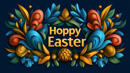 Fototapeta premium This vintage illustration showcases a vibrant Easter theme with the words 'Hoppy Easter' framed by intricate art deco floral patterns in rich jewel tones