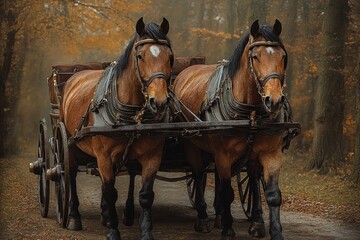 Obraz premium Two horses pulling antique carriage, autumn woods.
