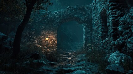 Mysterious Night at the Ancient Ruins: A Dark and Enchanting Pathway