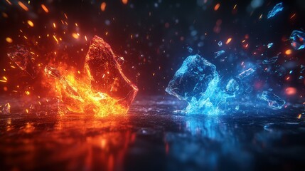 Fiery ice clashing, dark background, sparks, concept art