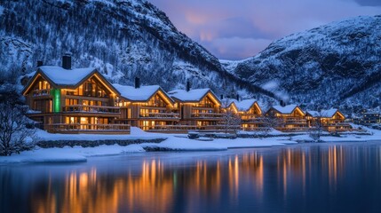 Fototapeta premium Lit cabins at snowy lakeside.