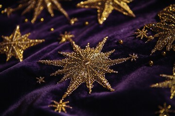 Close-up of shiny gold stars on a soft purple fabric, great for astronomy or luxury themed designs