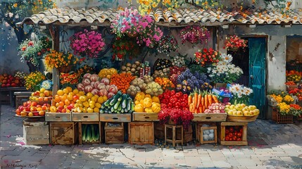 Fototapeta premium A vibrant scene of a farmers market stand