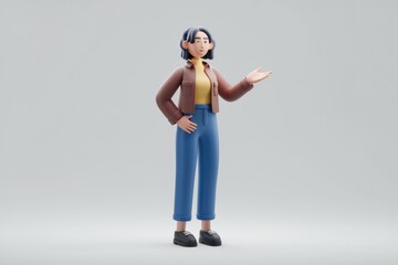 3D cartoon woman presenting on grey background.