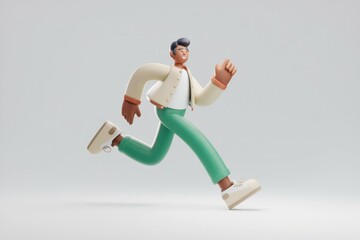 A 3D cartoon character of a man in a white jacket and green pants is running.